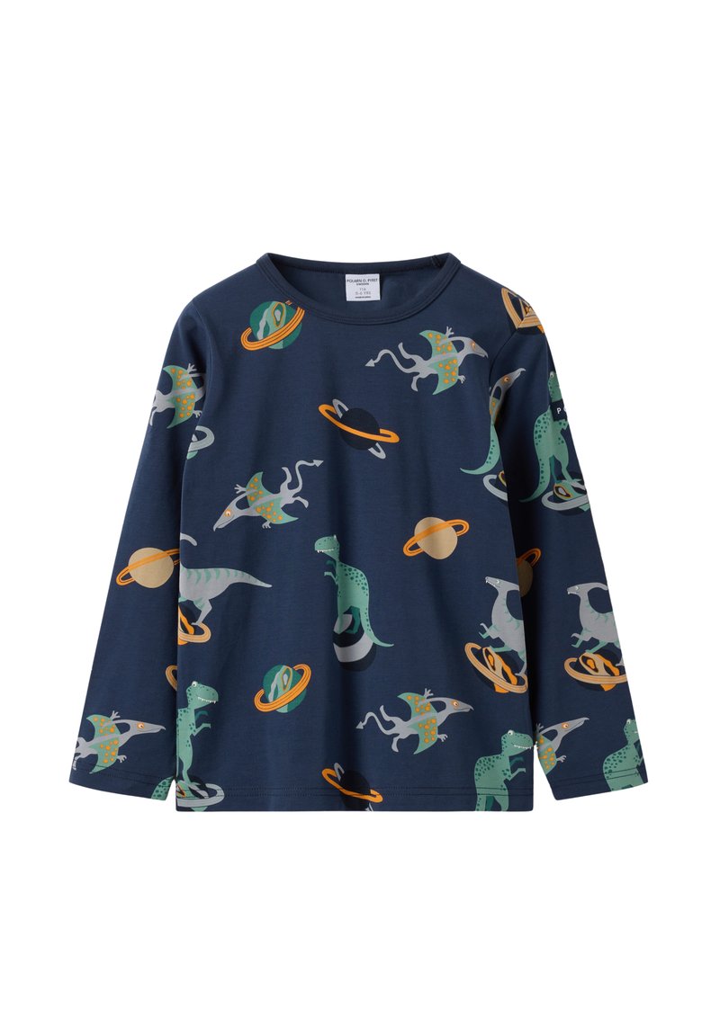 Marineblauwe kinderblouse met lange mouwen, versierd met kleurrijke illustraties van dinosaurussen en planeten die over de stof verspreid zijn.