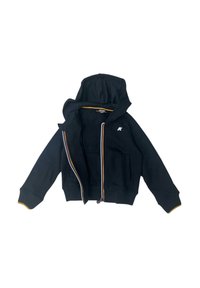 Felpa nera con zip realizzata in tessuto felpato, con un accento a strisce colorate lungo la zip e un logo sul petto.