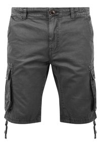 Cargo shorts in dark gray, made of cotton. Features side pockets, adjustable drawstring hems, and a front button closure.
