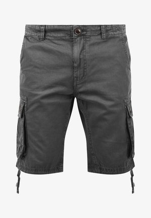 Kratke hlače za tovor v temno sivi barvi, narejene iz bombaža. Imajo stranske žepke, prilagodljive spodnje robove z vrvico in sprednje zapiranje na gumb.