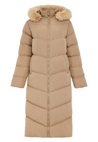 Beżowa puchowa kurtka z poziomym wzorem pikowania w kształcie jodełki, kapturem wyłożonym futrem, zamkiem błyskawicznym i dwoma bocznymi kieszeniami. Długie rękawy i długość do kolan.