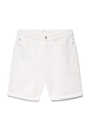 Pantaloncini in denim bianco con tasche anteriori e posteriori, chiusura con bottoni e passanti per cintura, mostrati distesi su uno sfondo bianco.