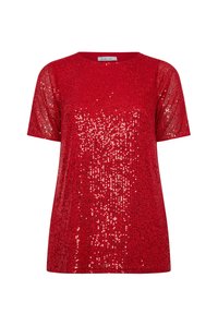 Top corto rojo de manga corta cubierto de lentejuelas con un corte relajado. Textura suave con cuello redondo, los acentos brillantes crean una apariencia brillante.