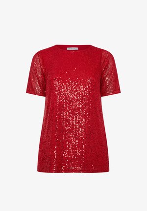 Rode top met korte mouwen, bedekt met pailletten en een ontspannen pasvorm. Gladde textuur met een ronde hals, glanzende accenten zorgen voor een sprankelend uiterlijk.