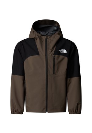 Veste imperméable en vert olive et noir. Dotée d'une fermeture éclair à l'avant, d'une capuche réglable et de poignets élastiques. Comprend une poche sur la poitrine.