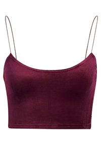 Burgundy siden BH med tunna justerbara band, cropped design, slät textur och en lätt lyster. Inga mönster eller metalldelar synliga.