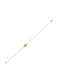 Bracciale dorato presenta una delicata catena con una pietra gemma rotonda rosa al centro. Design minimalista, adatto sia per essere indossato da solo che in sovrapposizione.