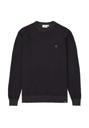 Dunkelgrauer gestrickter Pullover mit Rundhalsausschnitt, langen Ärmeln, strukturiertem Muster und einem kleinen Logopatch auf der Brust. Gerippte Bündchen und Saum.