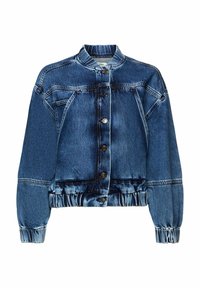 Jeansjacka med krage, knappstängning, elastisk nederkant och långa ärmar. Har en ljus till mörkblå gradient.