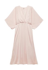 Hellrosa, knielanges Kleid aus weichem Stoff. Verfügt über einen V-Ausschnitt, weite Ärmel und einen elastischen Bund für eine lässige Passform.