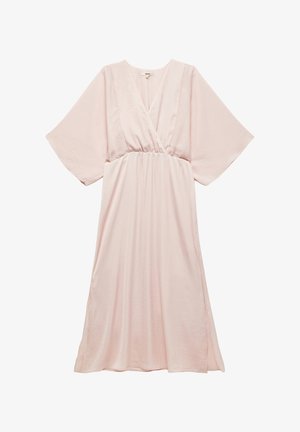 Hellrosa, knielanges Kleid aus weichem Stoff. Verfügt über einen V-Ausschnitt, weite Ärmel und einen elastischen Bund für eine lässige Passform.