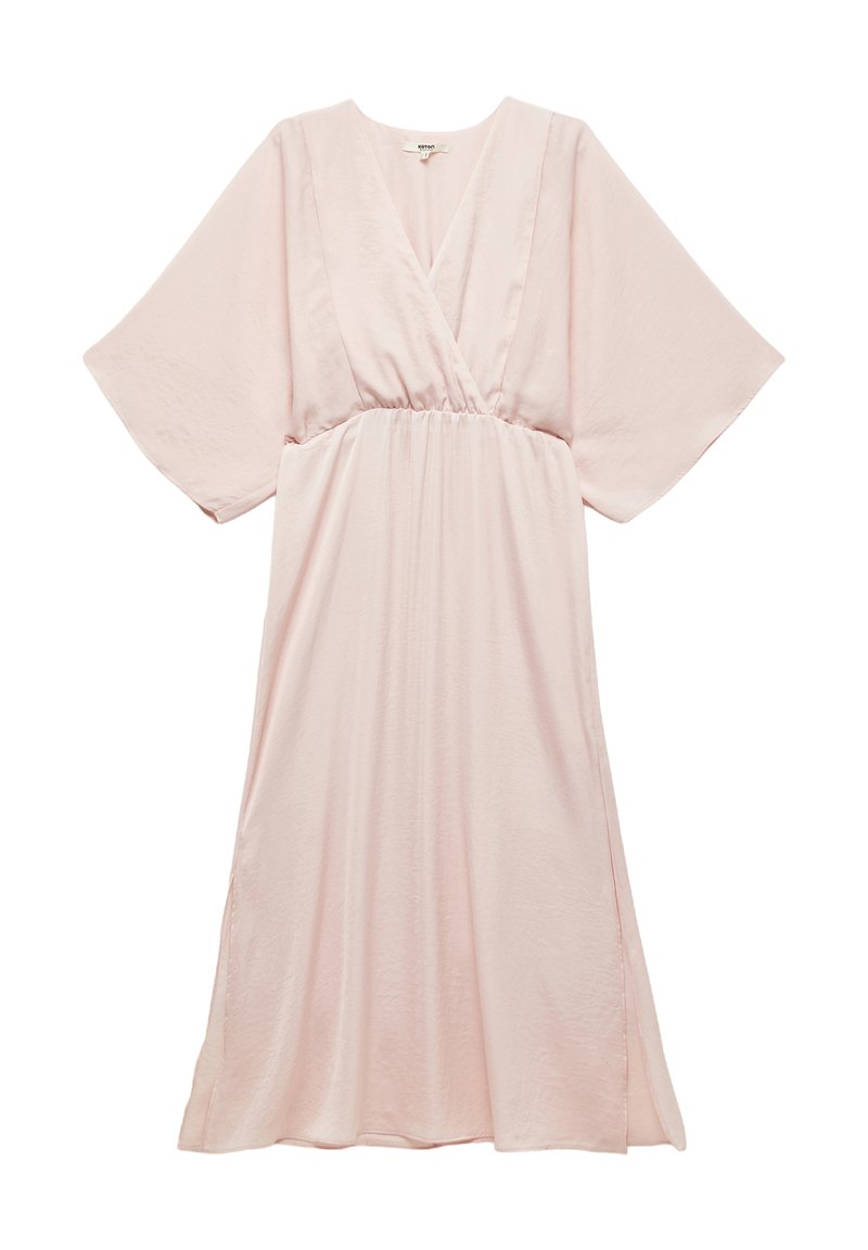 Hellrosa, knielanges Kleid aus weichem Stoff. Verfügt über einen V-Ausschnitt, weite Ärmel und einen elastischen Bund für eine lässige Passform.