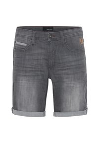 Grå denimshorts med en lett falmet tekstur, med rullekant, fem lommer og et logomerket på midjebåndet.