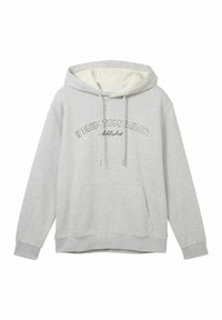 Šedá mikina s kapucí, přední kapsou a vyšitým textem "DENIM TOM TAILOR Established 2007" v černé barvě. Měkká bavlněná směs.