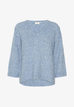 Světle modrý pletený svetr s výstřihem do V a širokými rukávy. Měkká textura s žebrovaným lemem a manžetami, poskytující volný střih.