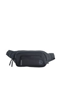 Marsupio nero realizzato in materiale liscio, con un compartimento principale con zip e una tasca frontale con dettagli del logo e branding.