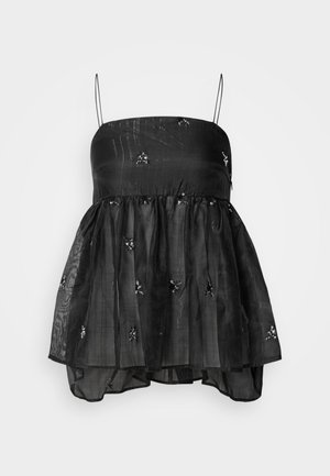 Fekete, pánt nélküli felső, amelynek szűkített felsőrésze és bővülő, áttetsző, textúrált alja van. Kicsi virágmintás hímzéssel és flitterekkel díszítve.