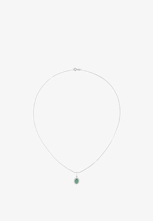 Srebrna lančana ogrlica s ovalnim zelenim kamenom u privjesku, okružena malim prozirnim akcentima, glatke teksture i minimalističkog dizajna.