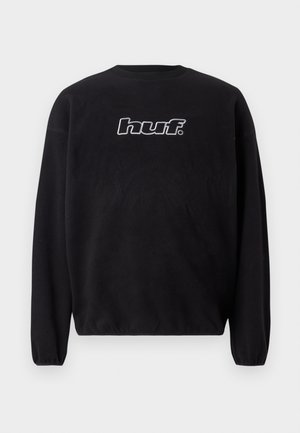Black fleece sweatshirt with long sleeves featuring "huf." logo embroidered in white on the chest.