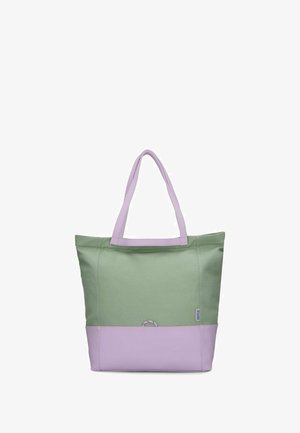 Borsa a tracolla verde e lavanda realizzata in tessuto con una texture liscia, dotata di due manici robusti e una base di colore contrastante.