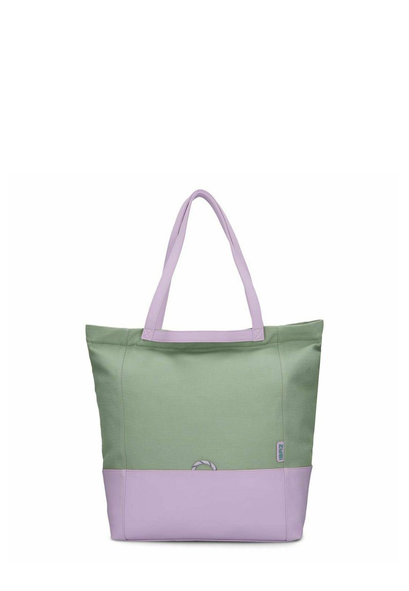 Groene en lavendelkleurige tote bag van een gladde stof, met twee stevige handvatten en een contrasterende gekleurde basis.
