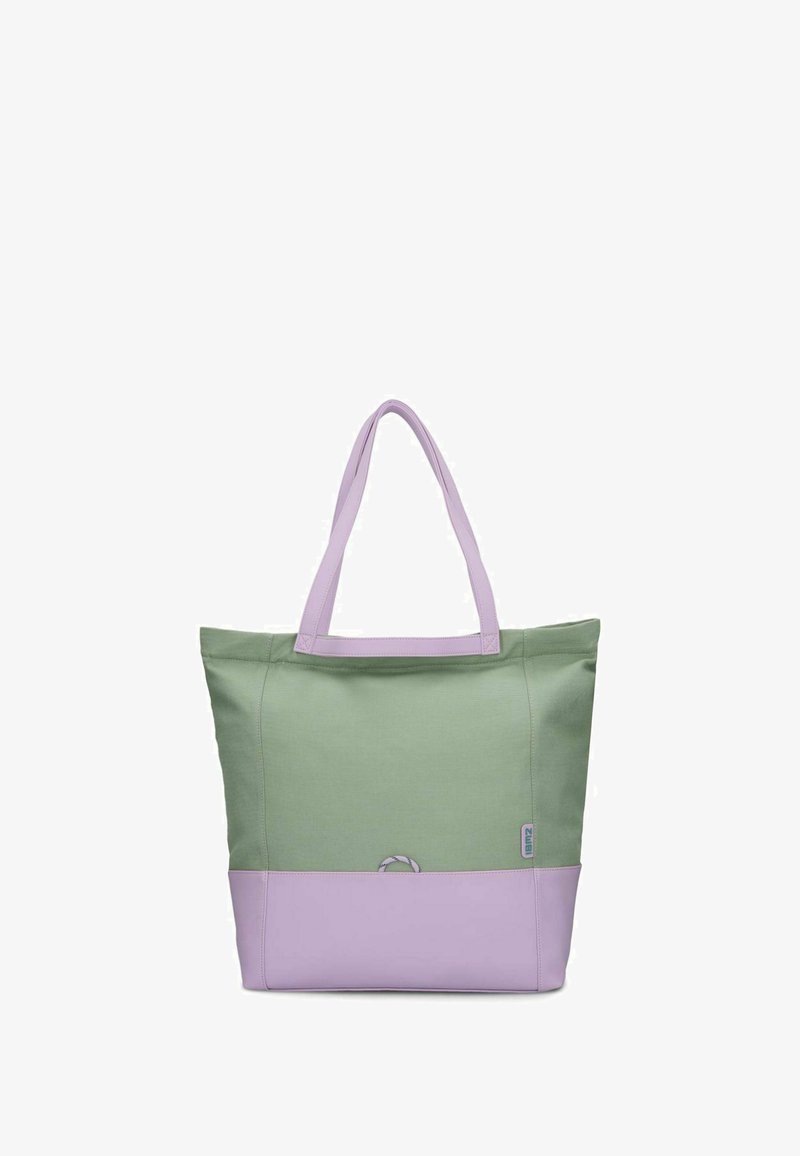 Groene en lavendelkleurige tote bag van een gladde stof, met twee stevige handvatten en een contrasterende gekleurde basis.