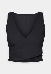 Crni top s v-izrezom, napravljen od rebrastog materijala. Ima uski kroj i mali logo na gornjem lijevom dijelu.