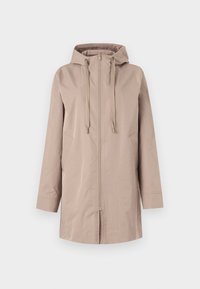 Giacca beige chiaro con cappuccio in tessuto liscio. Presenta una cerniera frontale, due tasche laterali e coulisse regolabili sul cappuccio.