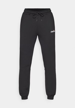 Fekete melegítőnadrág, puha anyagból, húzózsinóros derékkal, keskeny szárakkal és egy kis logóval a felső lábszáron.