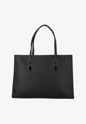 Fekete, téglalap alakú, texturált bőrtáska dupla vállpántokkal és ezüst téglalap alakú fém kiegészítőkkel.