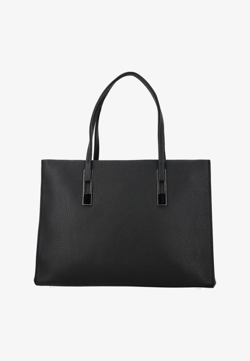 Černá obdélníková kabelka z texturované kůže s dvojitými ramenními popruhy a stříbrnými obdélníkovými kovovými doplňky.