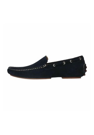 Mocassins en suède bleu marine avec une surface lisse, des coutures blanches contrastées et des œillets sur les côtés. Semelle en caoutchouc plate avec une hauteur de talon minimale.