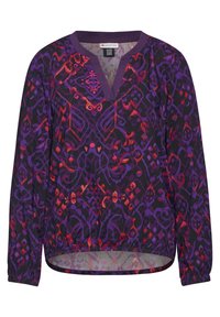 Blusa a maniche lunghe viola con scollatura a V, caratterizzata da intricate fantasie rosse e viola. Tessuto morbido con polsini e orlo elasticizzati arricciati.