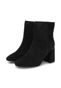 Bottines en fausse suède noires avec un bout pointu, un talon bloc et une fermeture éclair sur le côté. Présente une finition texturée et un design minimaliste.