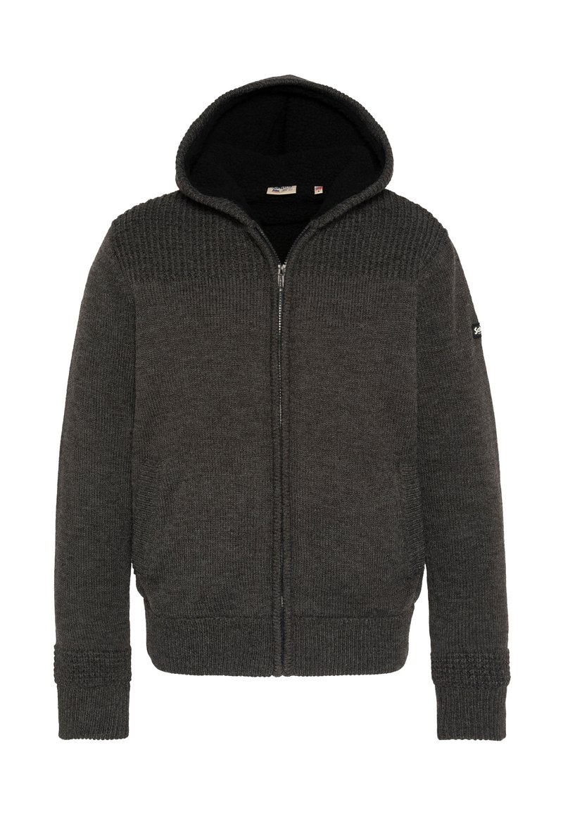 Ciemnoszara bluza rozpinana na zamek z górą o fakturze dzianiny, miękką podszewką z polaru i ściągaczami przy mankietach. Posiada kaptur i boczne kieszenie.