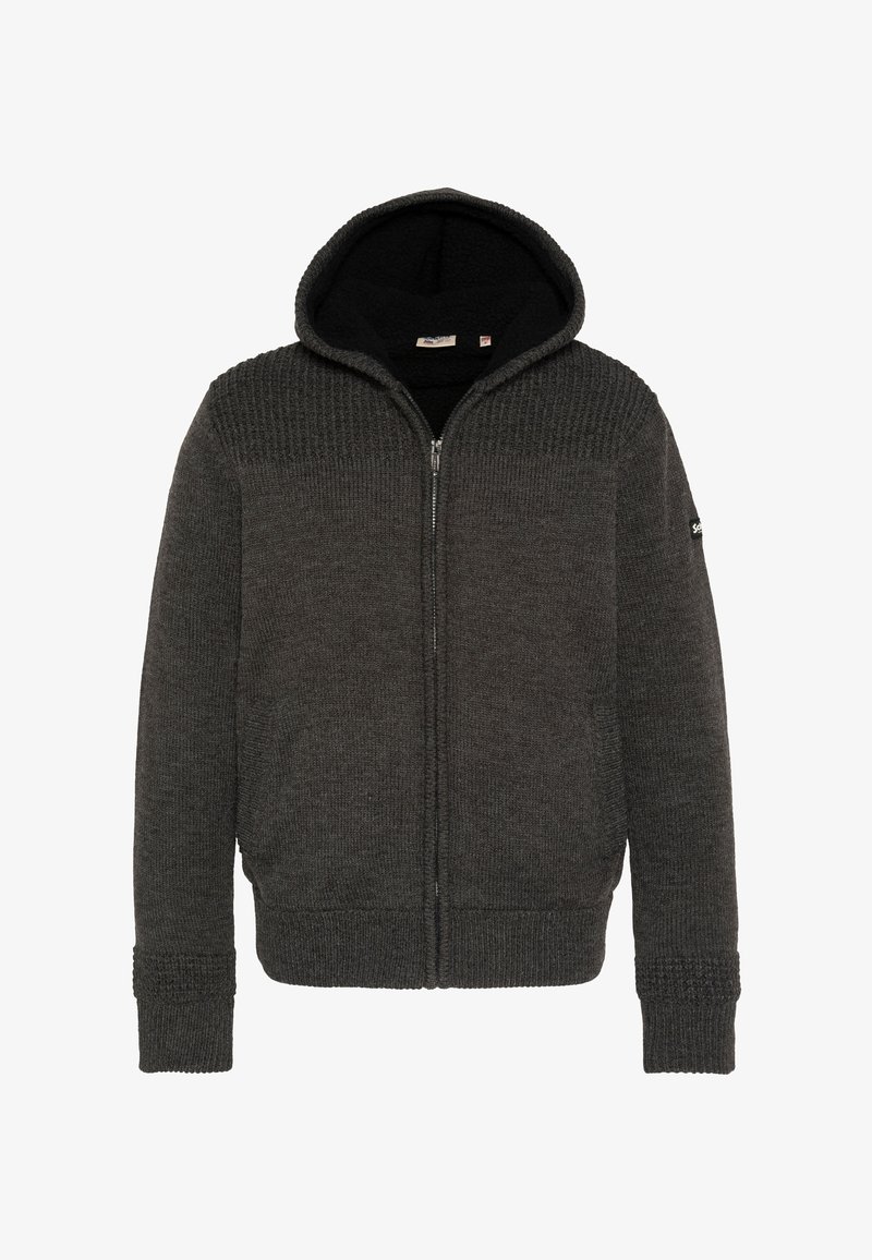 Ciemnoszara bluza rozpinana na zamek z górą o fakturze dzianiny, miękką podszewką z polaru i ściągaczami przy mankietach. Posiada kaptur i boczne kieszenie.