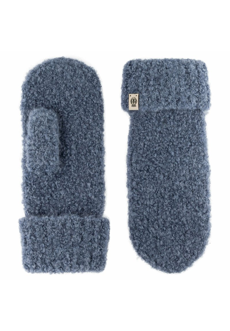 Blaue, flauschige Handschuhe aus strukturiertem Strickmaterial, mit einem umklappbaren Bund und einem kleinen Logotags an einem Handschuh.