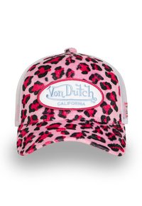 Gorra trucker de estampado de leopardo rosa con una textura de tela suave, que cuenta con una parte trasera de malla blanca y un prominente parche de logo blanco que dice "Von Dutch".