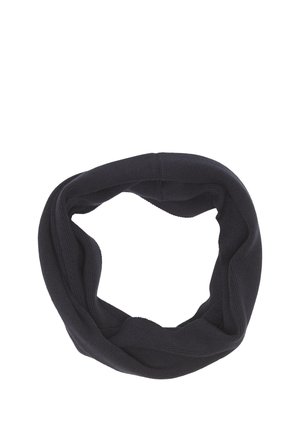 Écharpe chauffe-cou en tissu tricoté noir posée à plat en forme circulaire sur fond blanc.