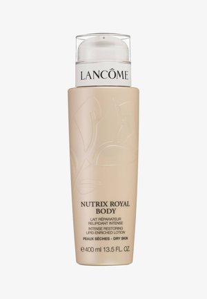 Lancôme Nutrix Royal Body lotion in a beige bottle with embossed leaf design. Pump top, 400 ml, labeled for dry skin use.