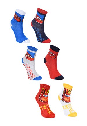 Six colorful children's socks featuring Lightning McQueen from Cars, with red, blue, gray, and yellow accents.