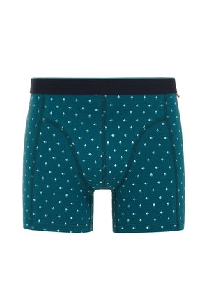 Effen teal boxershorts van zachte stof, met een geometrisch patroon van kleine diamanten in lichtblauw. Zwarte elastische tailleband.