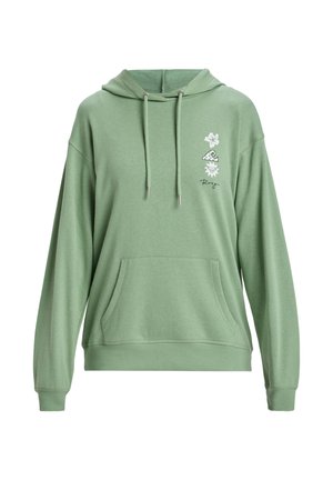 Grøn hættebluse med en frontlomme, der har blomsterdesigns og bølgemønstre på venstre side. Fremstillet af blødt stof.