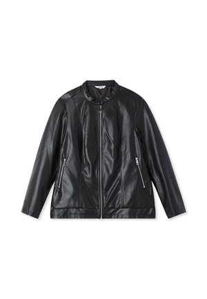 Giacca in eco-pelle nera con colletto alto, zip frontale e due tasche laterali con zip. Presenta un design elegante e una consistenza liscia.