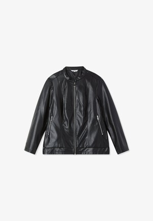 Giacca in eco-pelle nera con colletto alto, zip frontale e due tasche laterali con zip. Presenta un design elegante e una consistenza liscia.