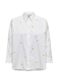White button-up shirt with long sleeves, featuring yellow and green embroidered patterns resembling pineapples throughout. Smooth fabric texture.