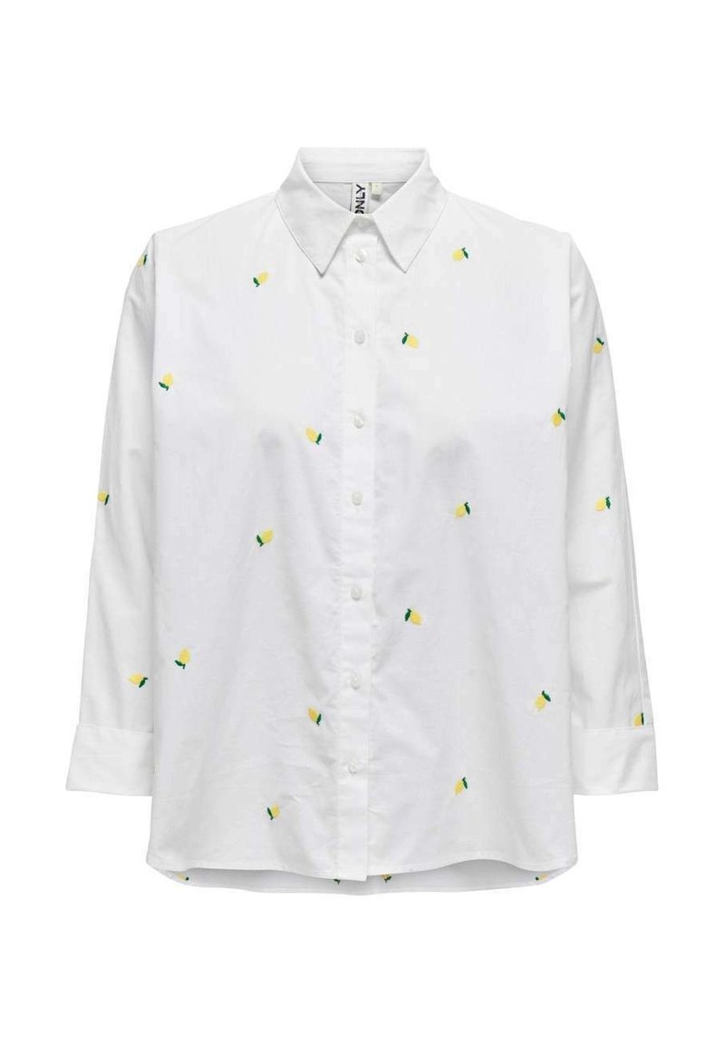 White button-up shirt with long sleeves, featuring yellow and green embroidered patterns resembling pineapples throughout. Smooth fabric texture.