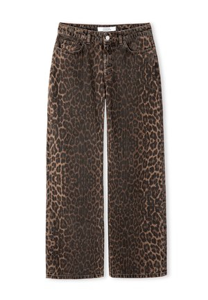 Leopardprint wijde jeans in een bruin en zwart kleurenschema, gemaakt van denim, voorzien van een knoopsluiting en voorkeurszakken.