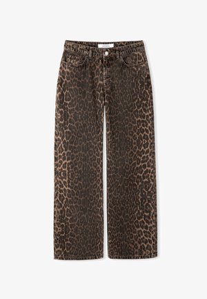 Leopardprint wijde jeans in een bruin en zwart kleurenschema, gemaakt van denim, voorzien van een knoopsluiting en voorkeurszakken.