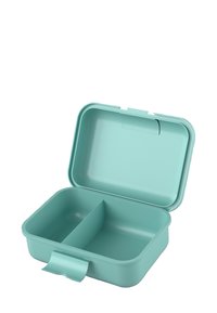Eine türkisfarbene, rechteckige Lunchbox aus Kunststoff, die über zwei Fächer und einen sicheren Klappdeckel mit einem Handgriff zum einfachen Öffnen verfügt.